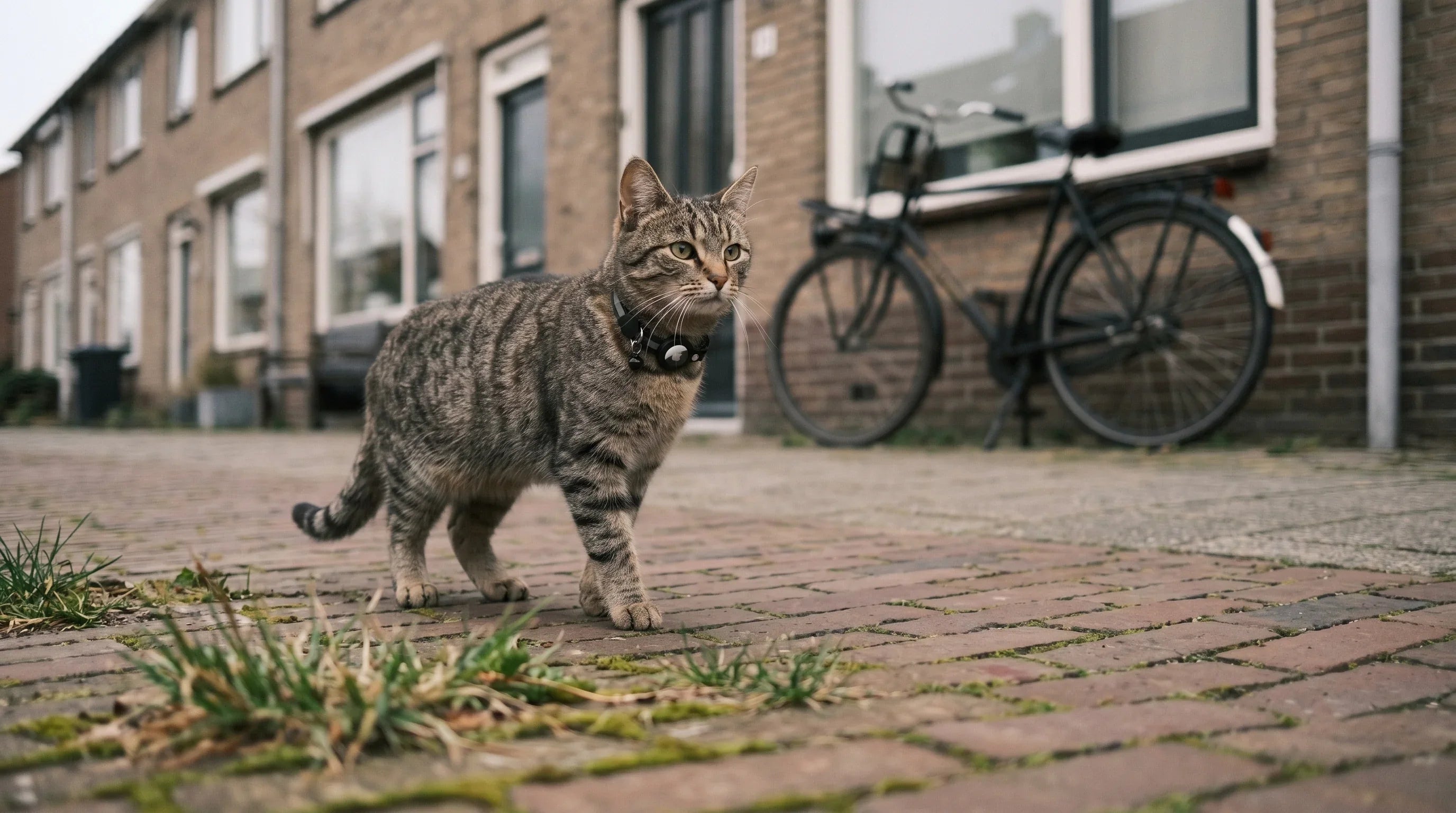 Kat met TrackTail GPS halsband op Hollandse klinkerstraat - 2K v5