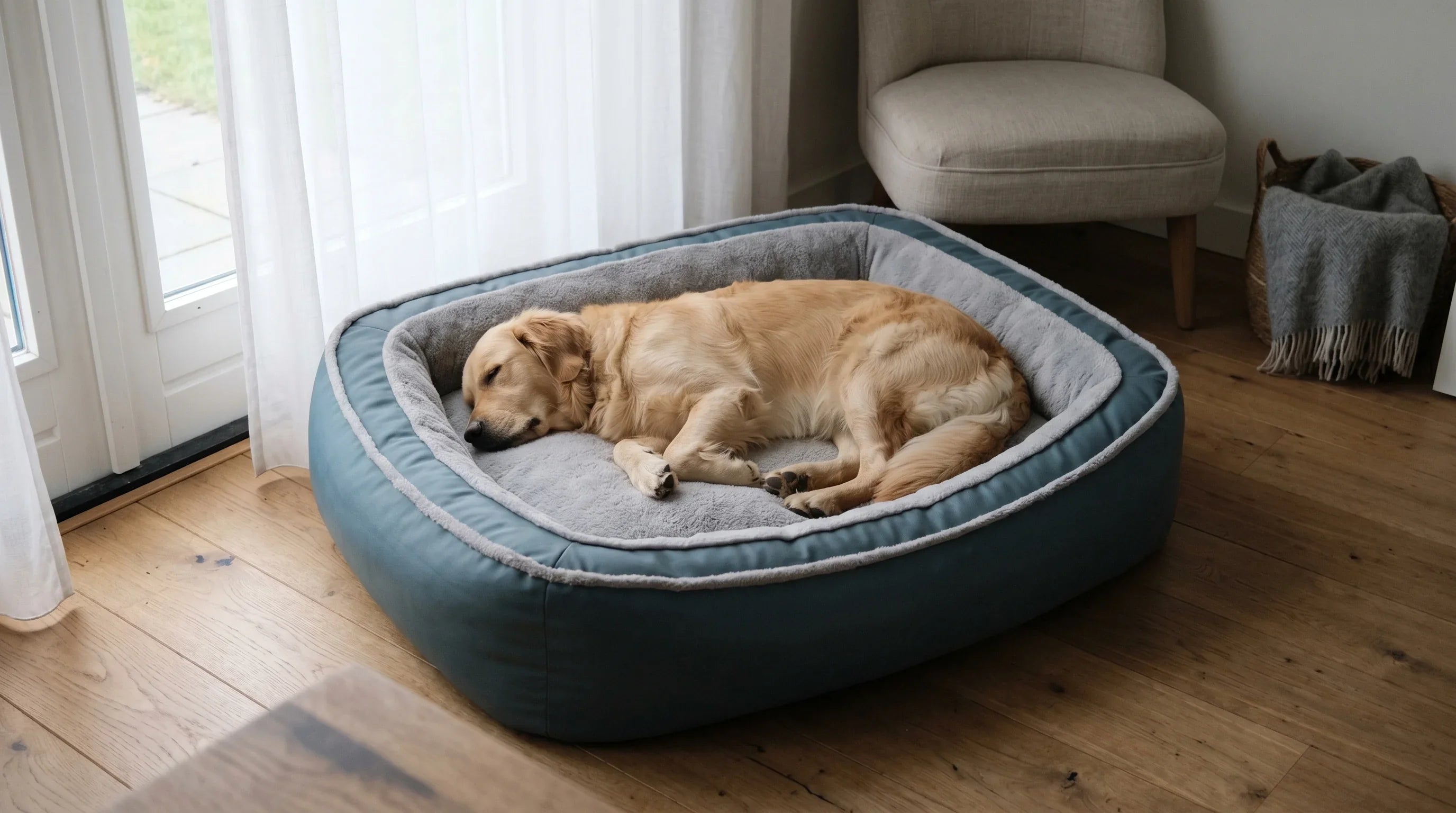 Golden retriever slaapt in DogDream orthopedische hondenmatras in Hollandse woonkamer