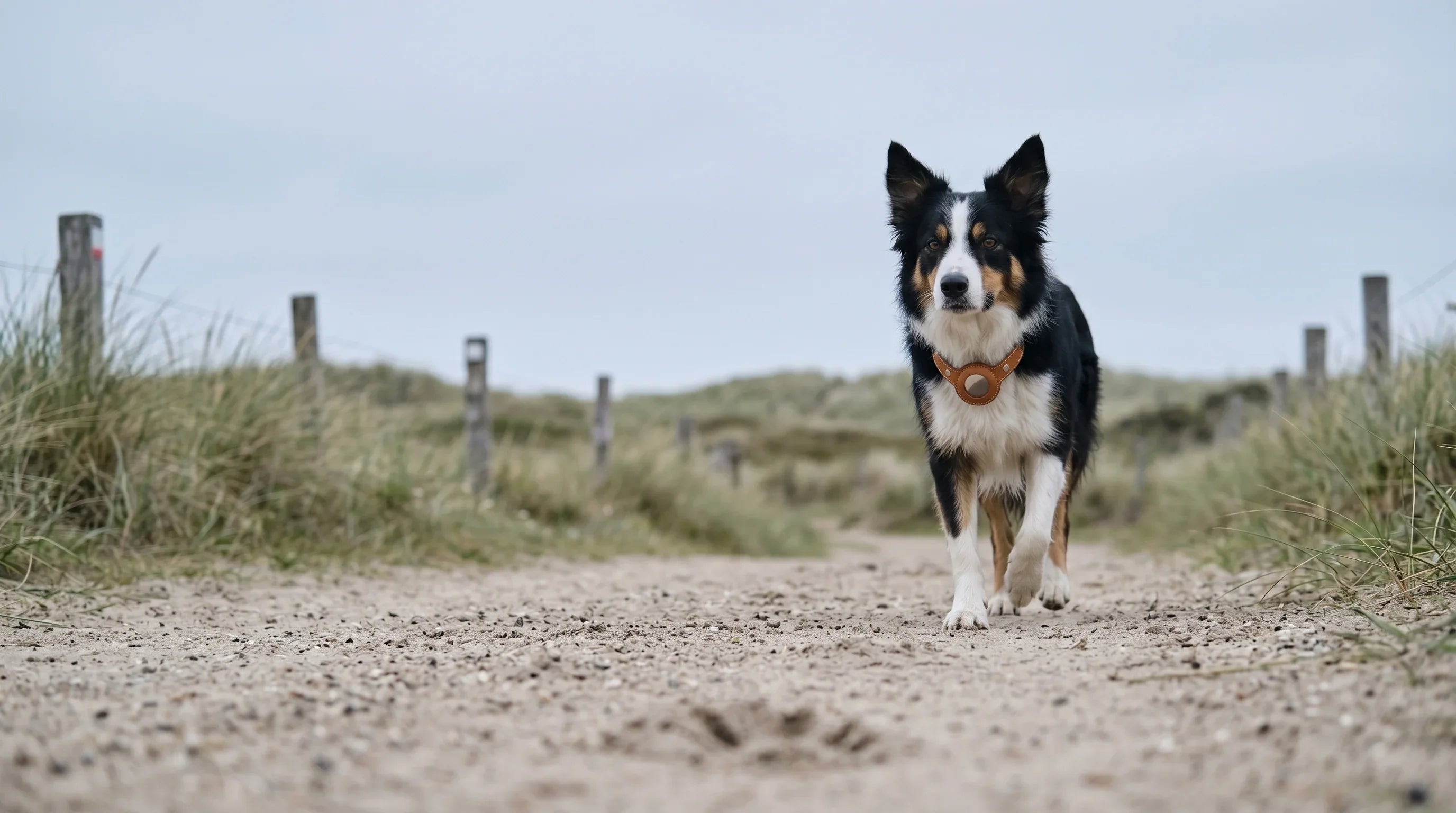 Border collie met LeerScout leren AirTag halsband op Hollandse duinpad