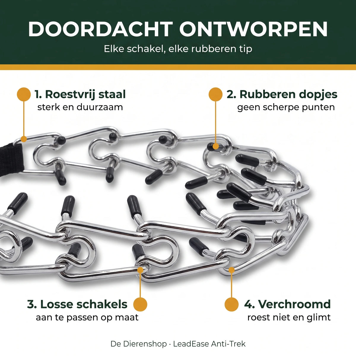 Doordacht ontworpen: roestvrij staal, rubberen dopjes, losse schakels, verchroomd