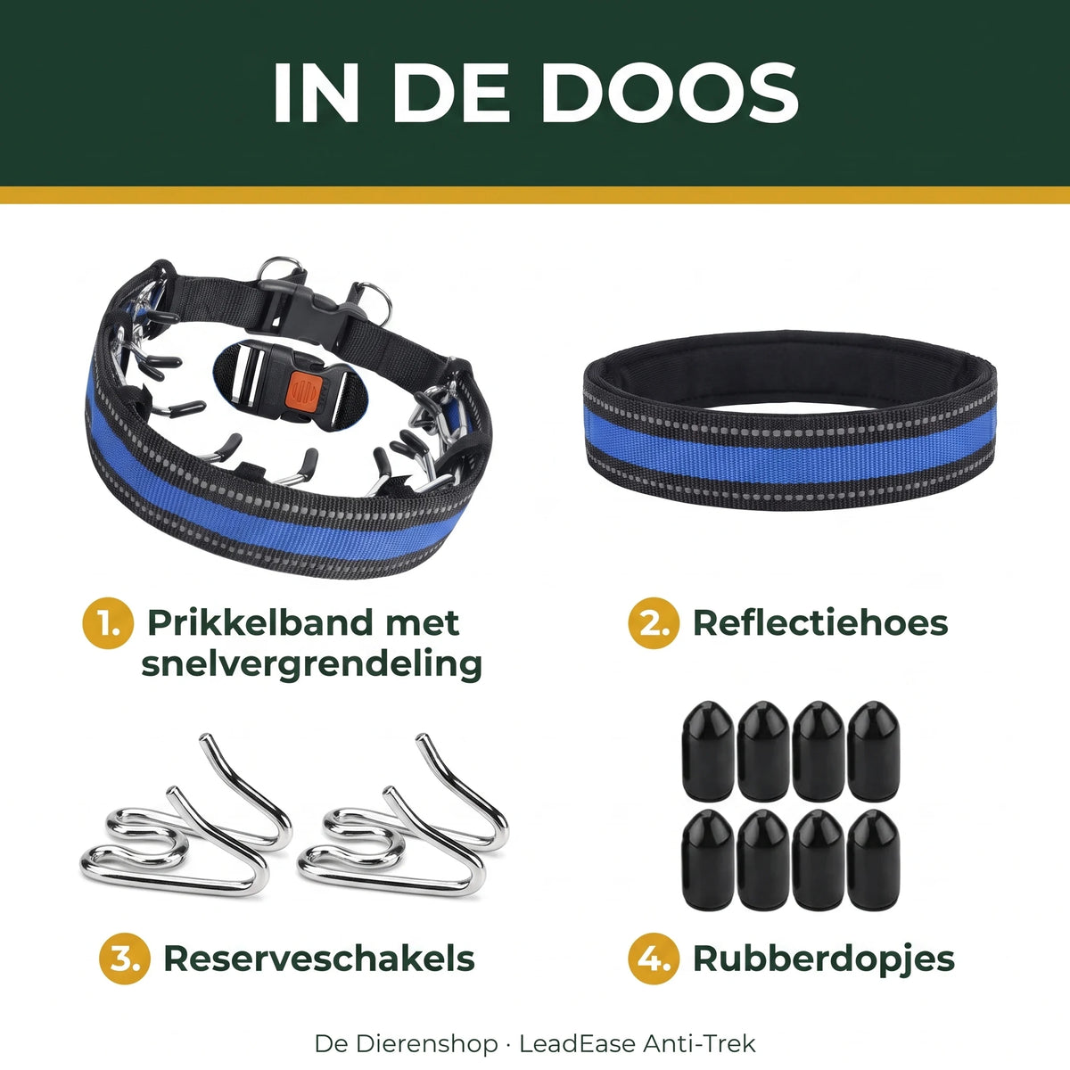 In de doos: prikkelband, reflectiehoes, reserveschakels (staple-shape) en rubberdopjes