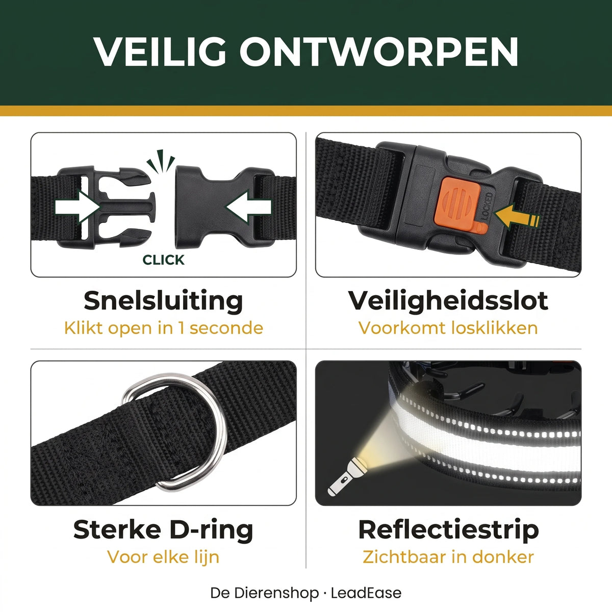 Veilig ontworpen: snelsluiting, veiligheidsslot, sterke D-ring en reflectiestrip