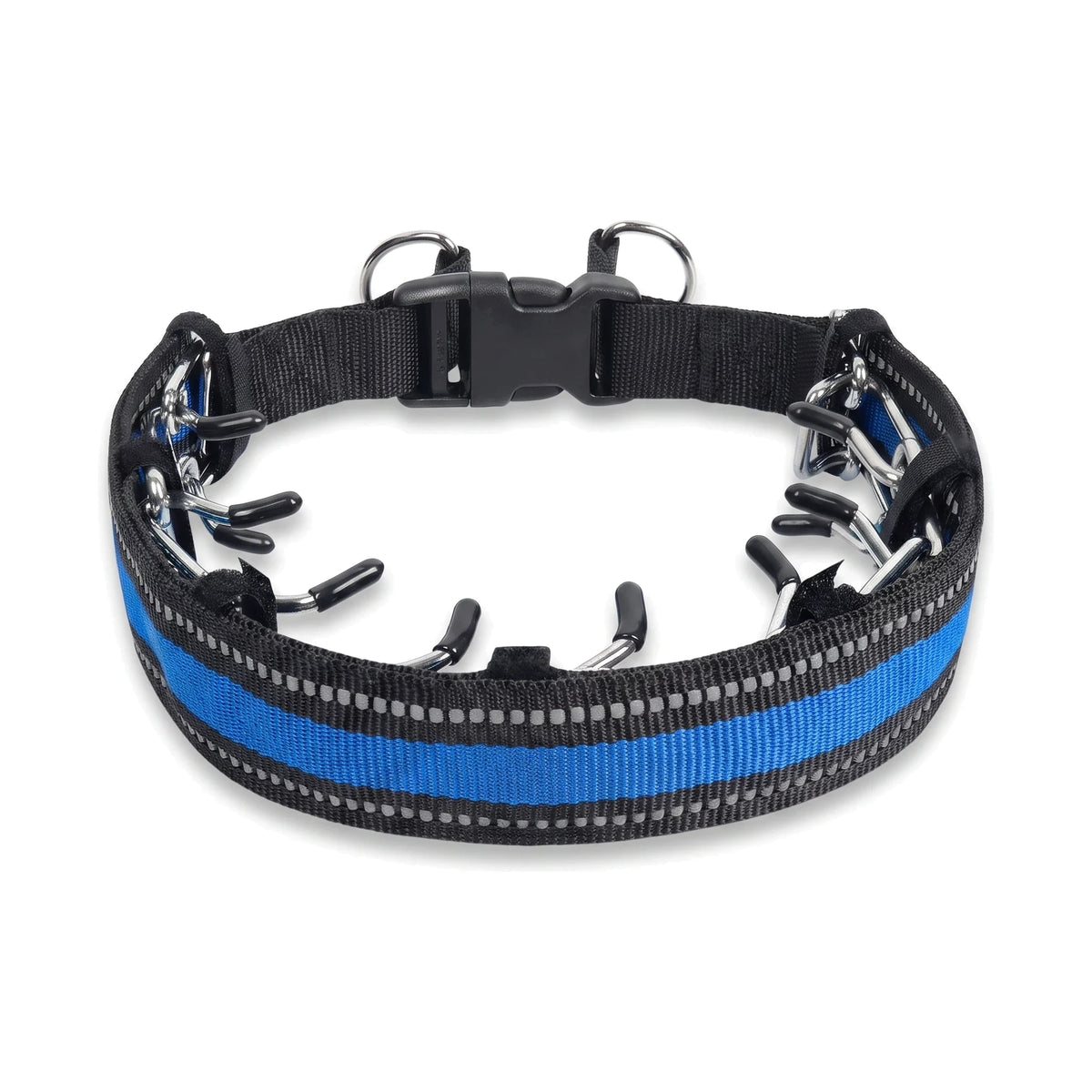 LeadEase Anti-Trek Halsband Blauw — reflecterende hoes met blauwe reflectiestrip, snelsluiting en prikkelband met rubberdopjes