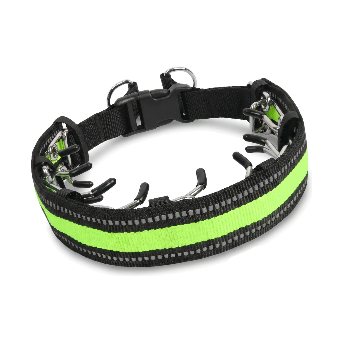 LeadEase Anti-Trek Halsband Groen — reflecterende hoes met groene reflectiestrip, snelsluiting en prikkelband met rubberdopjes