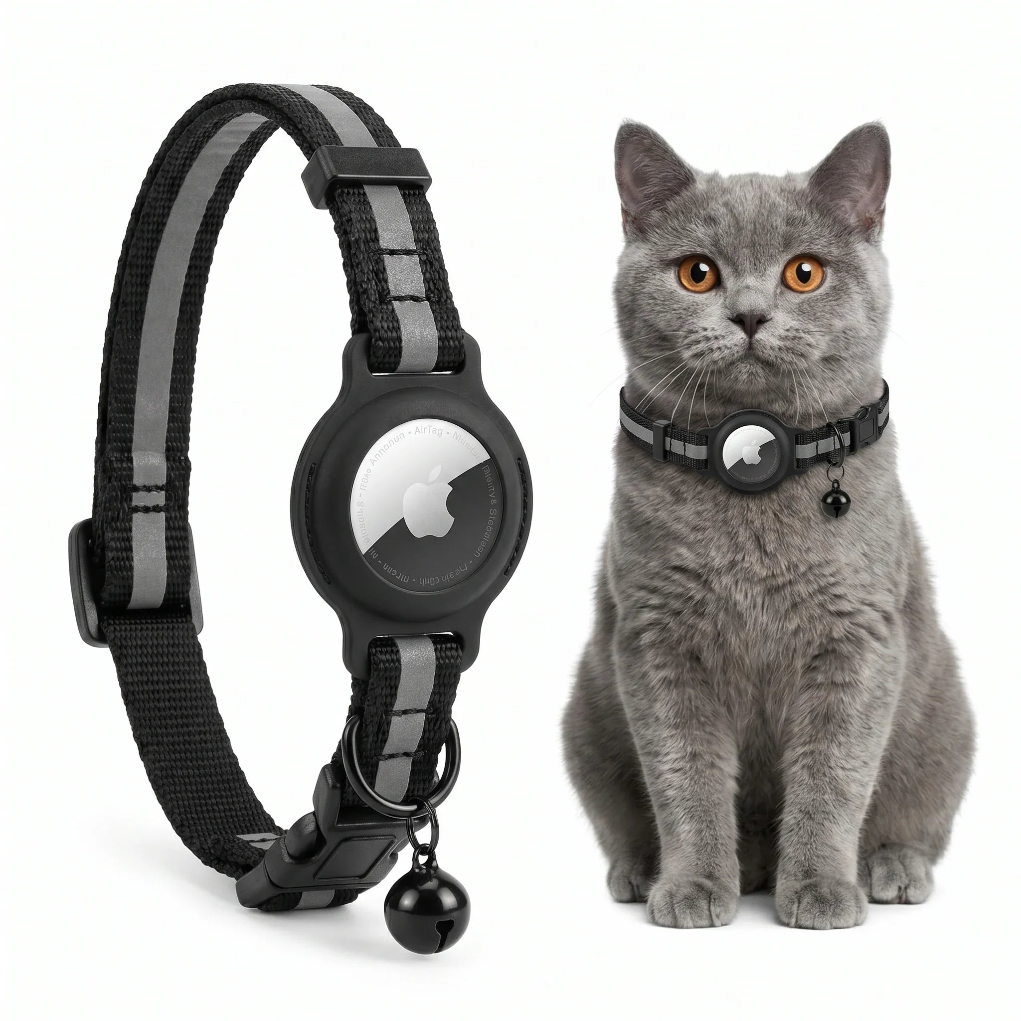 TrackTail GPS-halsband kat — Zwart, met AirTag-houder en belletje