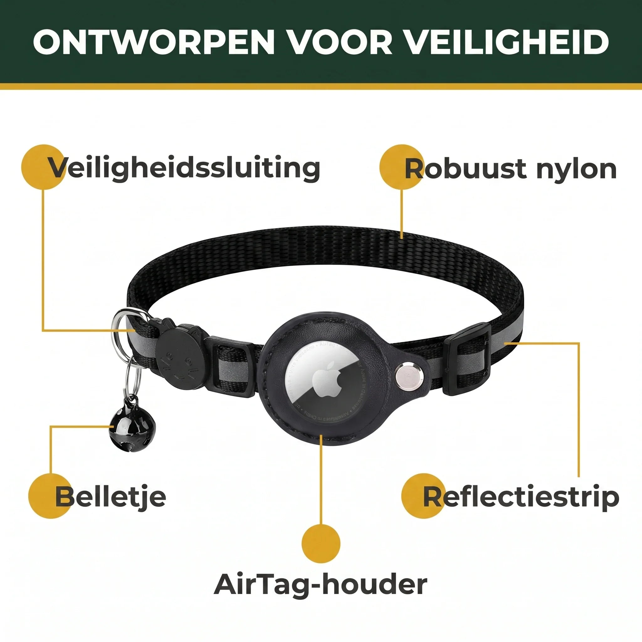 TrackTail halsband kenmerken: veiligheidssluiting, nylon, belletje, reflectie, AirTag-houder